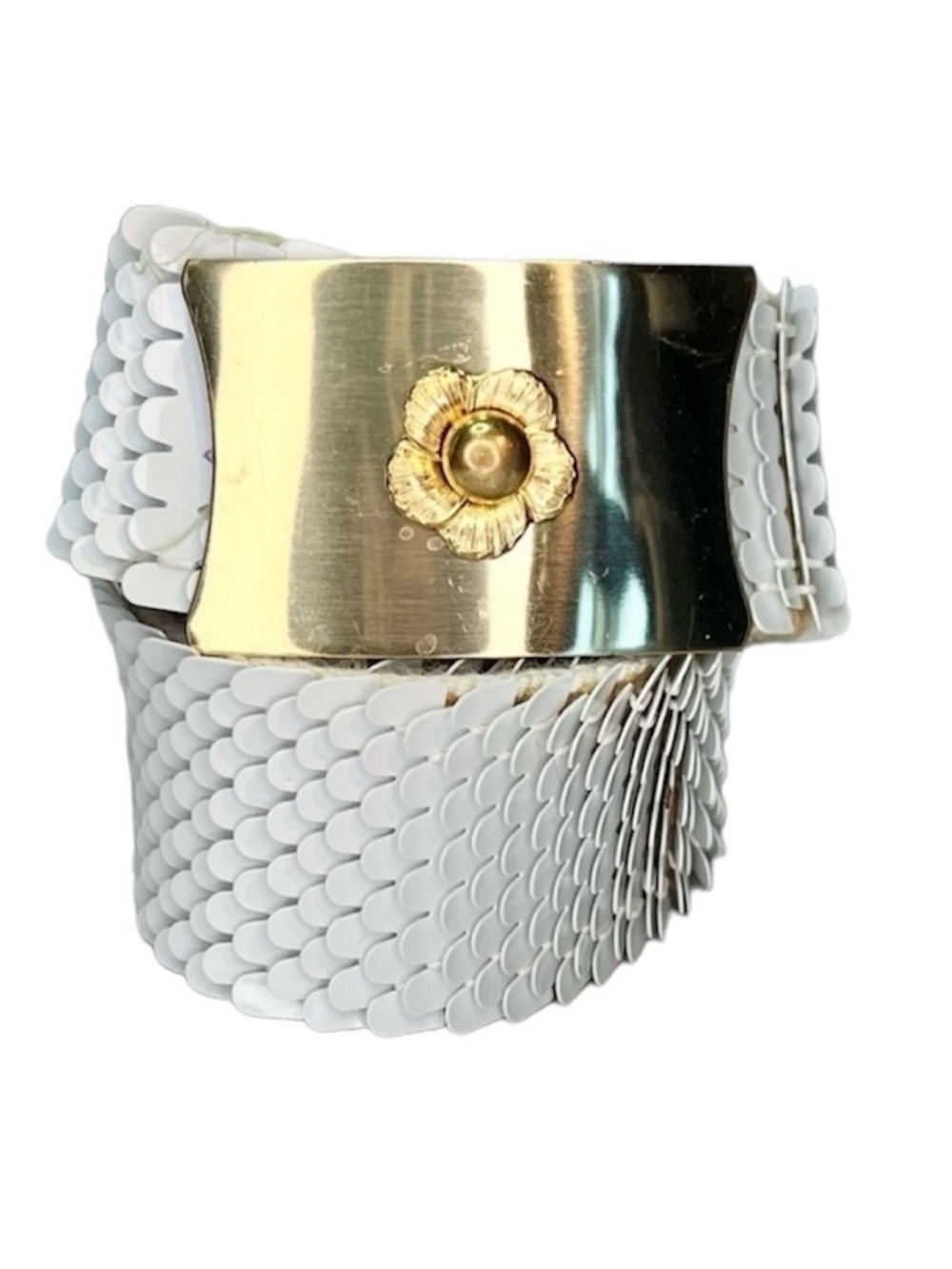 Vintage White Iridescent Snake Scale Sequin Belt Gold Flower Statement Textured